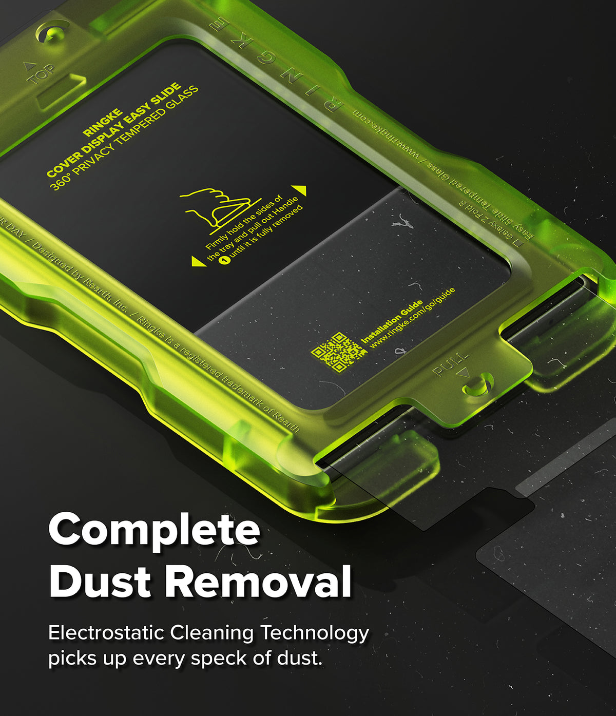 Galaxy Z Fold 8 | Fusion Air Flap Magnetic + 360° Privacy - A close-up of a smartphone in a translucent neon green protective case on a dark surface, with text reading 'Complete Dust Removal' and 'Electrostatic Cleaning Technology picks up every speck of dust.'.