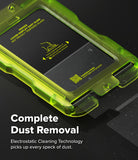 Galaxy Z Fold 8 | Fusion Air Flap Magnetic + 360° Privacy - A close-up of a smartphone in a translucent neon green protective case on a dark surface, with text reading 'Complete Dust Removal' and 'Electrostatic Cleaning Technology picks up every speck of dust.'.