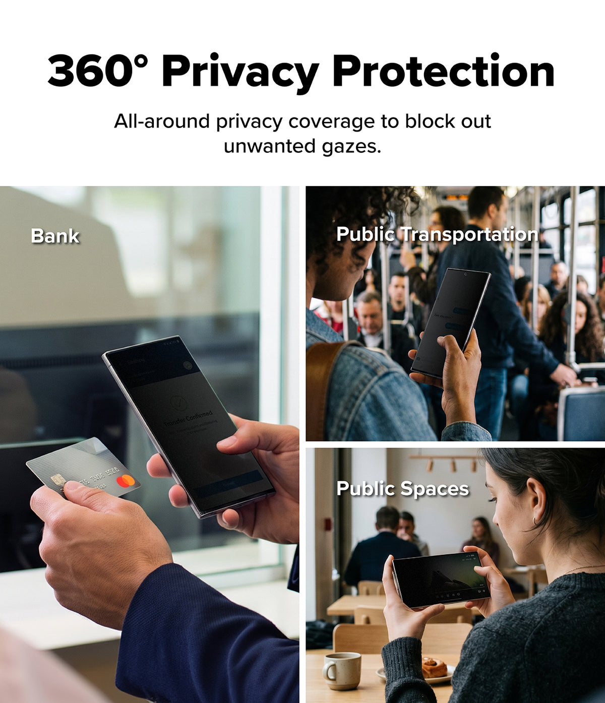 Galaxy Z Fold 8 | Fusion Air Flap Magnetic + 360° Privacy - Promotional graphic for a privacy screen filter, featuring the text '360° Privacy Protection' at the top and three lifestyle panels demonstrating its use in 'Bank' settings, 'Public Transportation', and 'Public Spaces' with people holding smartphones.