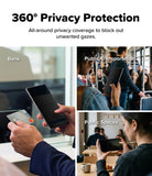 Galaxy Z Fold 8 | Fusion Air Flap Magnetic + 360° Privacy - Promotional graphic for a privacy screen filter, featuring the text '360° Privacy Protection' at the top and three lifestyle panels demonstrating its use in 'Bank' settings, 'Public Transportation', and 'Public Spaces' with people holding smartphones.