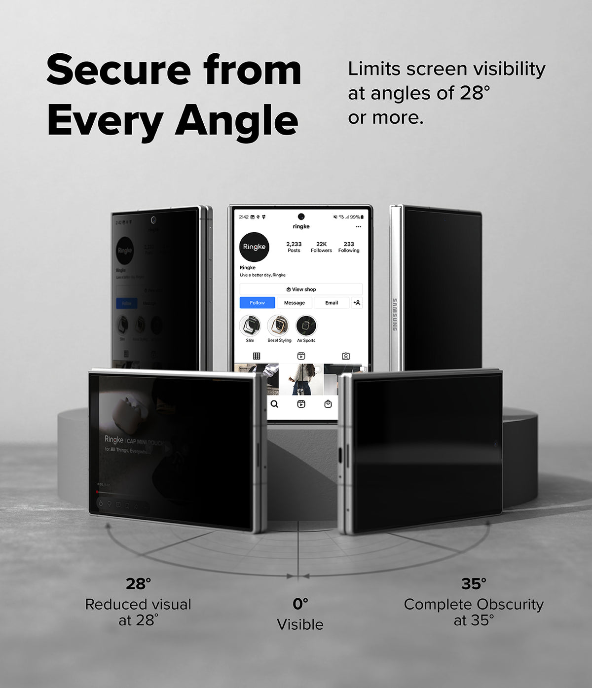 Galaxy Z Fold 8 | Fusion Air Flap Magnetic + 360° Privacy - A promotional product graphic for a privacy screen filter or phone case set, showing multiple views of a black rectangular device with a smartphone displayed in the center. Text reads 'Secure from Every Angle' and 'Limits screen visibility at angles of 28° or more.