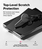 Galaxy Z Fold 8 | Fusion Air Flap Magnetic + 360° Privacy - Samsung Galaxy S20 Ultra smartphone shown at an angle with a dark tempered glass privacy screen on top, plus a key resting on the screen. Text reads 'Top-Level Scratch Protection' and '9H hardness layer keeps off scratches from sharp objects.