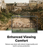 Galaxy Z Fold 8 | Fusion Air Flap Magnetic + 360° Privacy & Camera - A promotional graphic for a tablet device showing a coastal beach scene on its screen, with text below reading 'Enhanced Viewing Comfort' and smaller copy about reduced eye strain and privacy protection.
