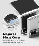 Galaxy Z Fold 8 Case | Fusion Flap Magnetic - Transparent magnetic hinge phone case shown on a folded smartphone, with a circular inset highlighting the magnetic connection and text reading 'Magnetic Hinge Cover' on a light gray background.