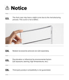 Galaxy Z Fold 8 Case | Fusion Flap Magnetic - A white notice sheet with black text and a small inset photo showing a hand holding a clear rectangular frame or panel. The notice lists six points, including that the front case may have slight curvature from manufacturing and that related accessories are sold separately.