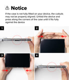 Galaxy Z Fold 8 Case | Fusion Flap - Instruction diagram showing four steps for fitting a clear protective case around a smartphone. The notice at the top explains that cutouts may not be properly aligned if the case is not fully fitted, and the panels include hand illustrations and red arrows indicating pressure along the case edges.