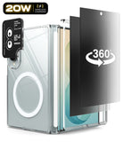 Galaxy Z Fold 8 | Fusion Air Flap Magnetic + 360° Privacy & Camera - A clear protective phone case with a built-in ring light, shown alongside a black 360-degree rotating screen protector and a black 20W wireless charging badge on a white background.