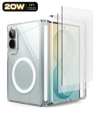 Galaxy Z Fold 8 | Fusion Air Flap Magnetic + Screen - Transparent protective case for a foldable smartphone with a built-in circular MagSafe ring, shown alongside two clear screen protectors and a black '20W Wireless Charging' badge on a white background.