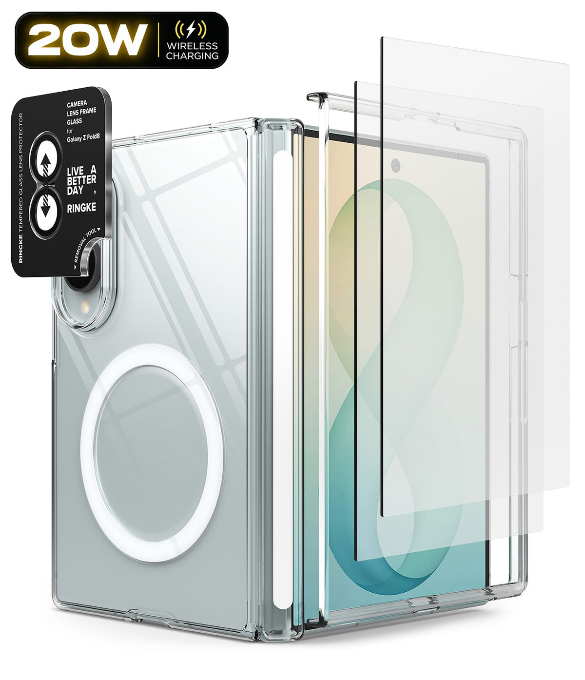 Galaxy Z Fold 8 | Fusion Air Flap Magnetic + Screen & Camera - Transparent protective case for a foldable tablet with a circular MagSafe ring, shown with a black camera lens protector and two clear screen protectors floating beside it. A '20W Wireless Charging' badge appears in the top-left corner.