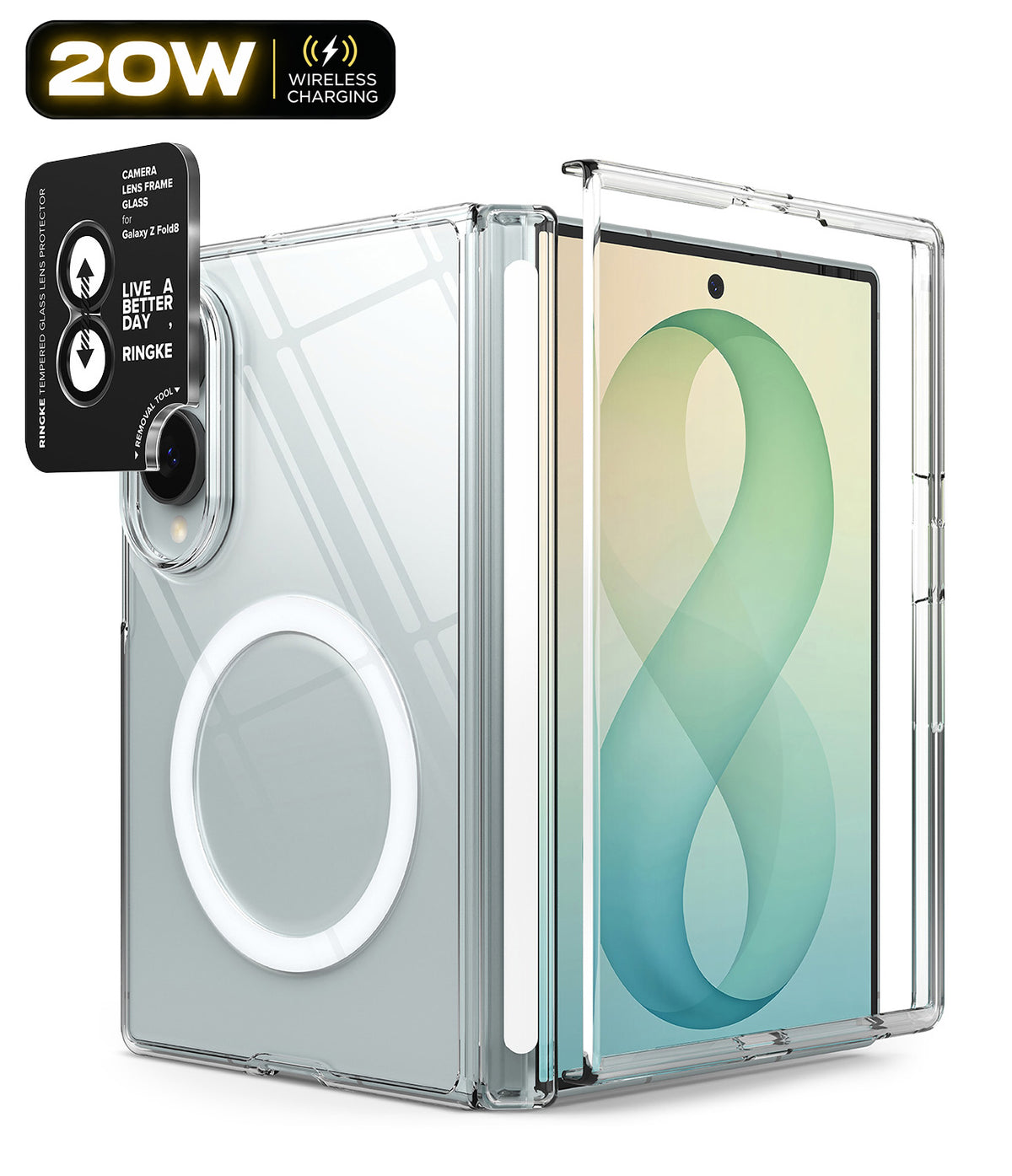 Galaxy Z Fold 8 | Fusion Air Flap Magnetic + Camera - A clear protective case for a foldable smartphone, shown with the phone partially inserted and a separate black circular magnetic ring accessory. The image includes a '20W Wireless Charging' badge in the top-left corner.