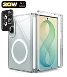 Galaxy Z Fold 8 | Fusion Air Flap Magnetic + Camera - A clear protective case for a foldable smartphone, shown with the phone partially inserted and a separate black circular magnetic ring accessory. The image includes a '20W Wireless Charging' badge in the top-left corner.