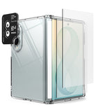 [Bundle] Galaxy Z Fold 8 | Fusion Flap + Screen / Camera Protector (2P) - A transparent protective case for a foldable tablet, shown with a black camera lens protector sticker on the left and a clear screen protector leaning against the right side. The tablet inside has a light blue and green gradient wallpaper.