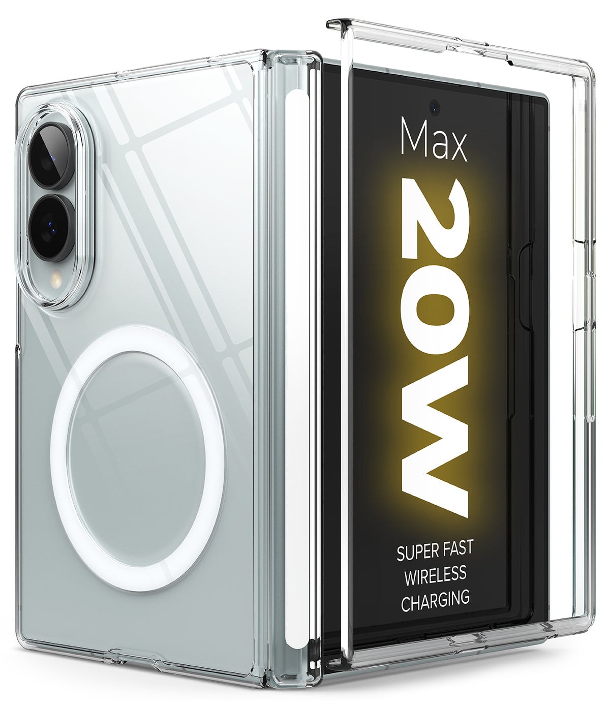 Galaxy Z Fold 8 | Fusion Air Flap Magnetic - Transparent protective case for a folding smartphone, shown open with a phone inside. The case has a circular MagSafe-style ring on the back and a clear bumper around the edges.