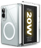 Galaxy Z Fold 8 | Fusion Air Flap Magnetic - Transparent protective case for a folding smartphone, shown open with a phone inside. The case has a circular MagSafe-style ring on the back and a clear bumper around the edges.