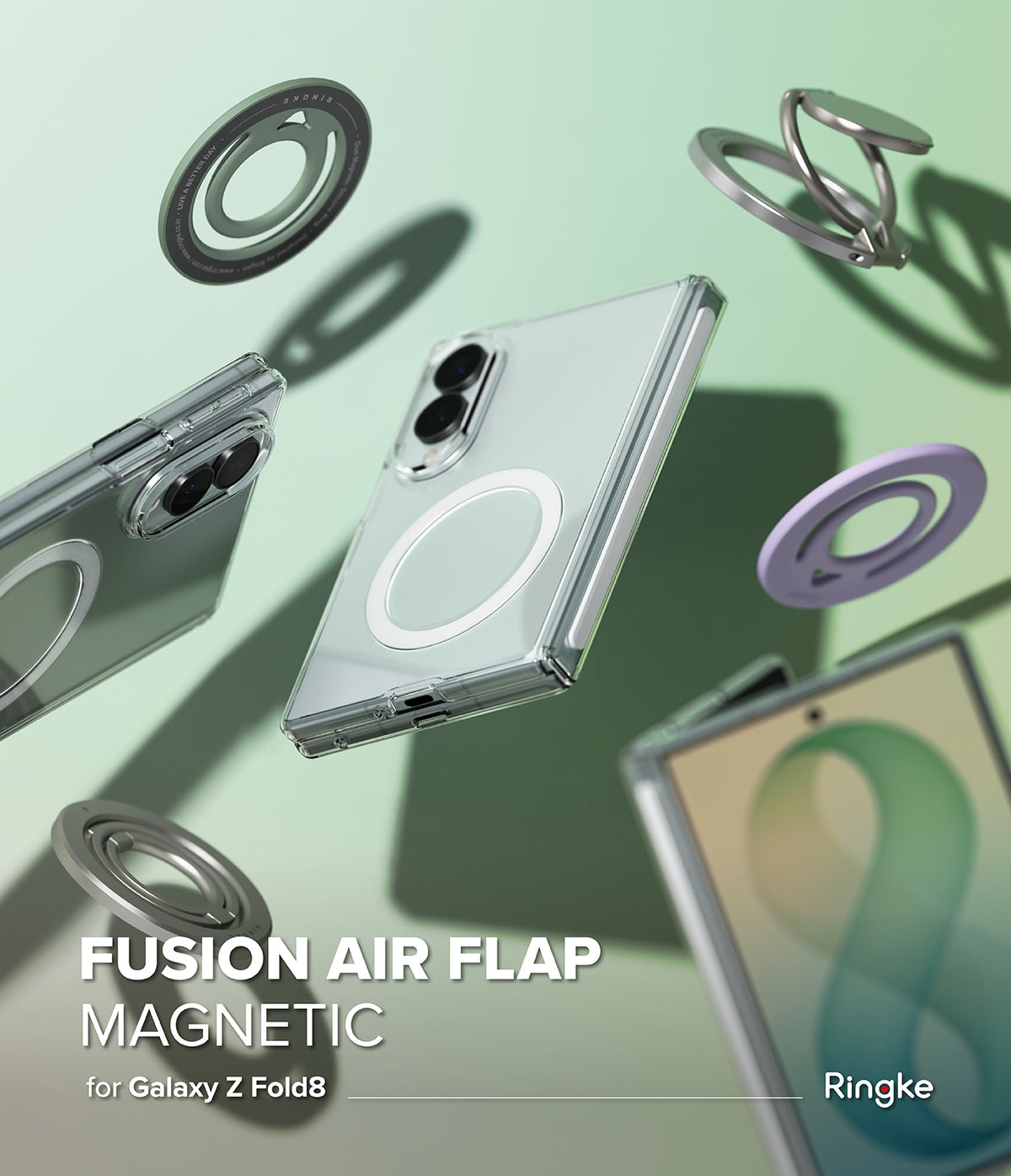 Galaxy Z Fold 8 | Fusion Air Flap Magnetic - Ringke Fusion Air Flap Magnetic case for Samsung Galaxy Z Fold8, shown floating around a silver foldable phone on a light mint green background with floating magnetic rings.