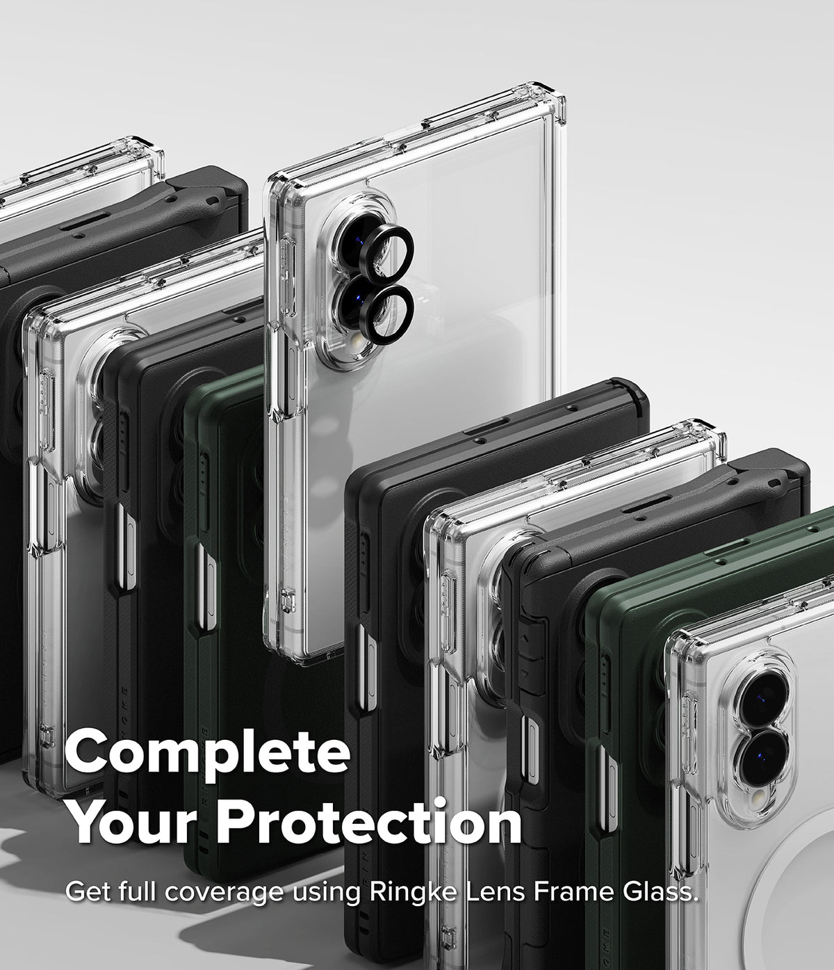 Galaxy Z Fold 8 | Fusion Air Flap Magnetic - A promotional render showing multiple smartphones in clear protective cases with camera lens guards, arranged in a fan-like layout on a light gray background. Large text reads 'Complete Your Protection' and smaller text says 'Get full coverage using Ringke Lens Frame Glass.