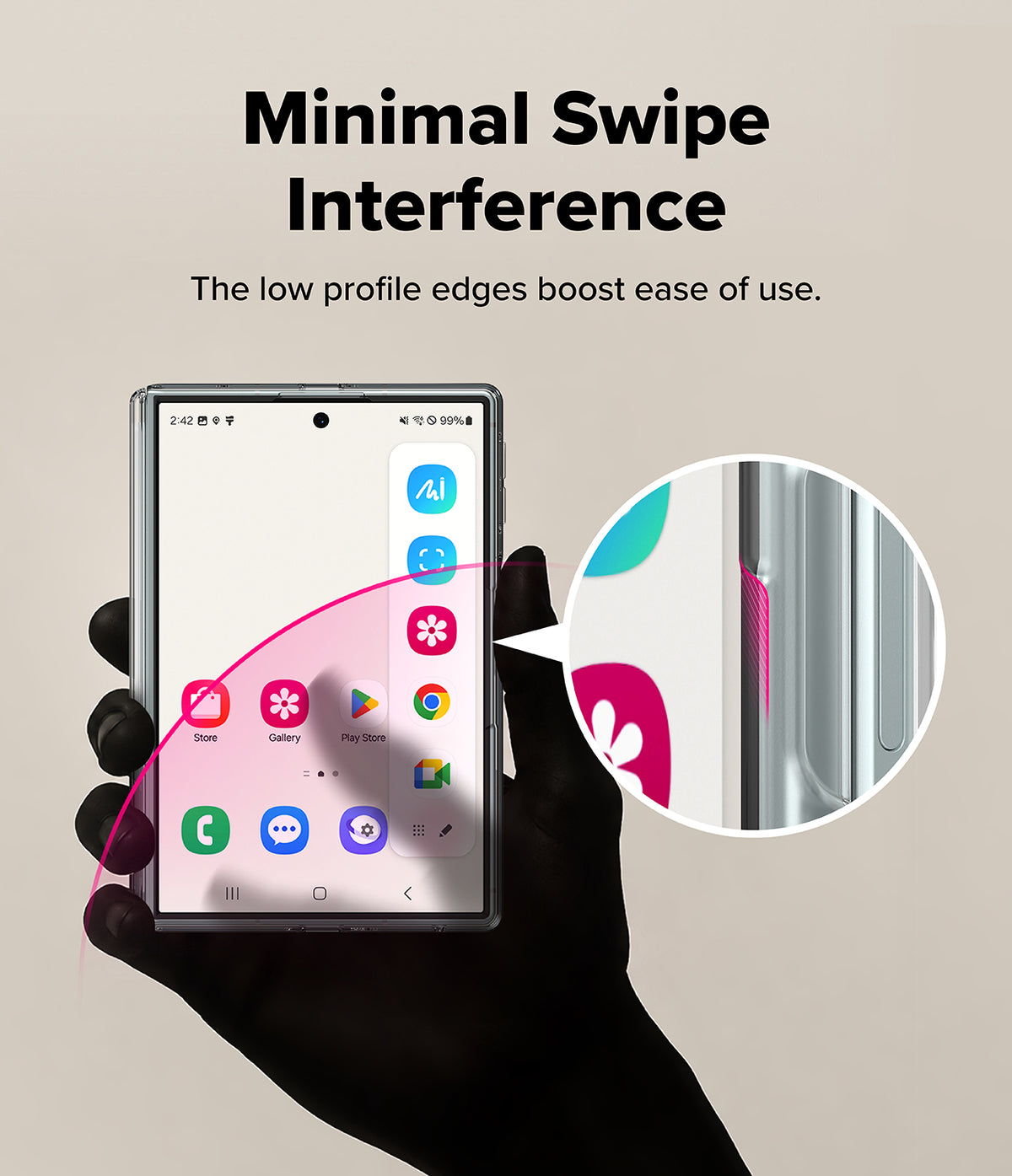 Galaxy Z Fold 8 | Fusion Air Flap Magnetic - A hand holds a smartphone to demonstrate a clear, low-profile edge screen protector. The graphic includes text reading 'Minimal Swipe Interference' and a circular inset showing the pink screen protector edge peeling back from the phone's side.