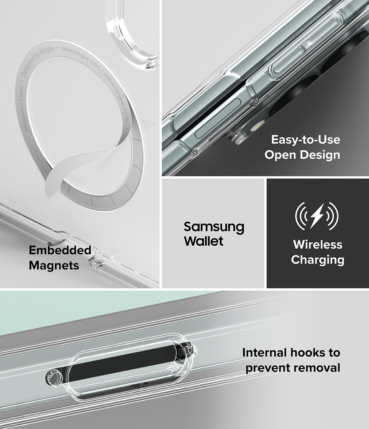Galaxy Z Fold 8 | Fusion Air Flap Magnetic - A clear phone case with a built-in magnetic ring and wireless charging feature, shown in a four-panel feature graphic. Text highlights 'Embedded Magnets', 'Samsung Wallet', 'Wireless Charging', and 'Easy-to-Use Open Design', with close-up views of the transparent case and internal magnetic hook.