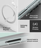 Galaxy Z Fold 8 | Fusion Air Flap Magnetic - A clear phone case with a built-in magnetic ring and wireless charging feature, shown in a four-panel feature graphic. Text highlights 'Embedded Magnets', 'Samsung Wallet', 'Wireless Charging', and 'Easy-to-Use Open Design', with close-up views of the transparent case and internal magnetic hook.