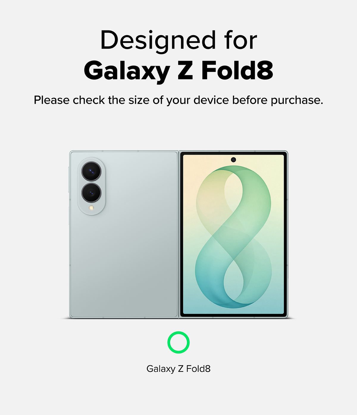 Galaxy Z Fold 8 | Fusion Air Flap Magnetic - A promotional graphic for a Samsung Galaxy Z Fold8 phone, showing the back and front of the device on a light gray background with text stating 'Designed for Galaxy Z Fold8' and a green circle icon labeled 'Galaxy Z Fold8'.