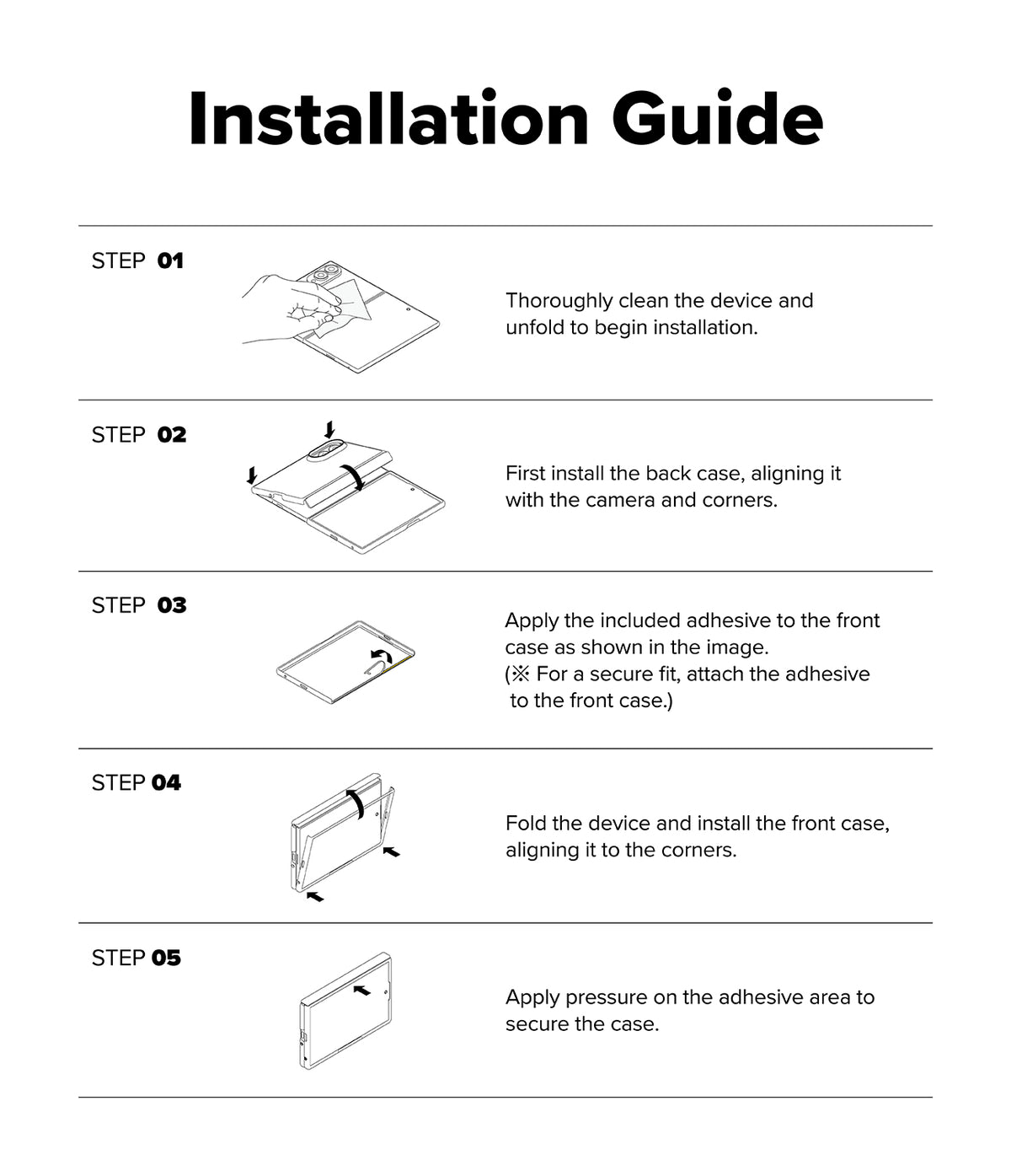 Galaxy Z Fold 8 | Fusion Air Flap Magnetic - An installation guide sheet with five numbered steps, featuring small line drawings and text instructions for cleaning, aligning, applying adhesive, folding, and securing a device case.