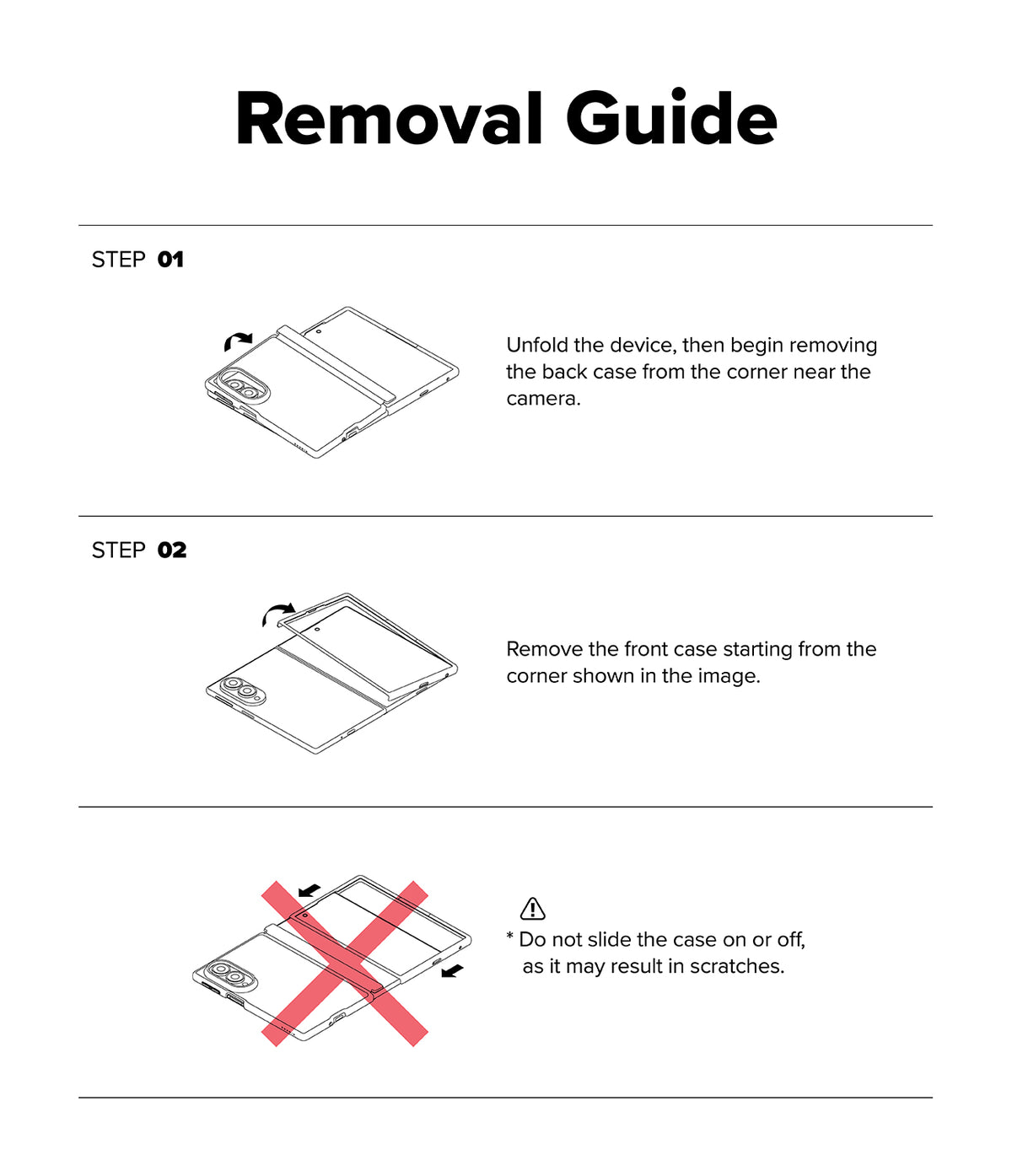 Galaxy Z Fold 8 | Fusion Air Flap Magnetic - A removal guide diagram with three labeled steps showing how to detach a phone case. The top header reads 'Removal Guide.