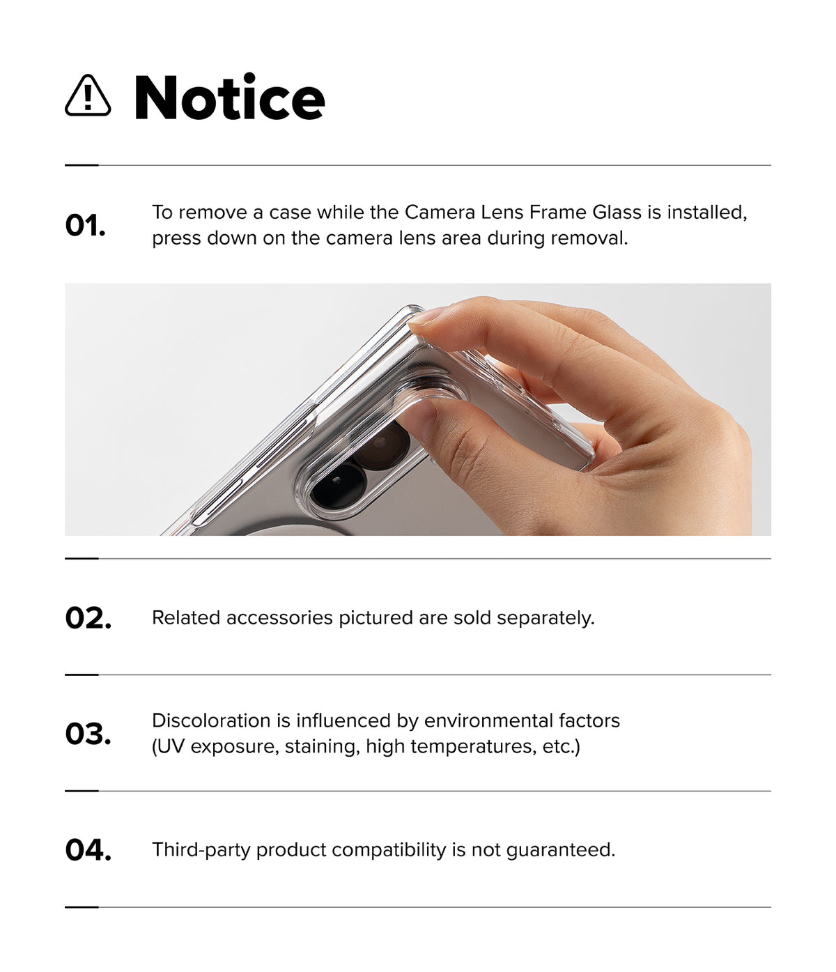 Galaxy Z Fold 8 | Fusion Air Flap Magnetic - A white informational graphic with the heading 'Notice' and four numbered points explaining how to remove a phone case with a camera lens frame glass installed, plus a small photo of a hand holding the case.