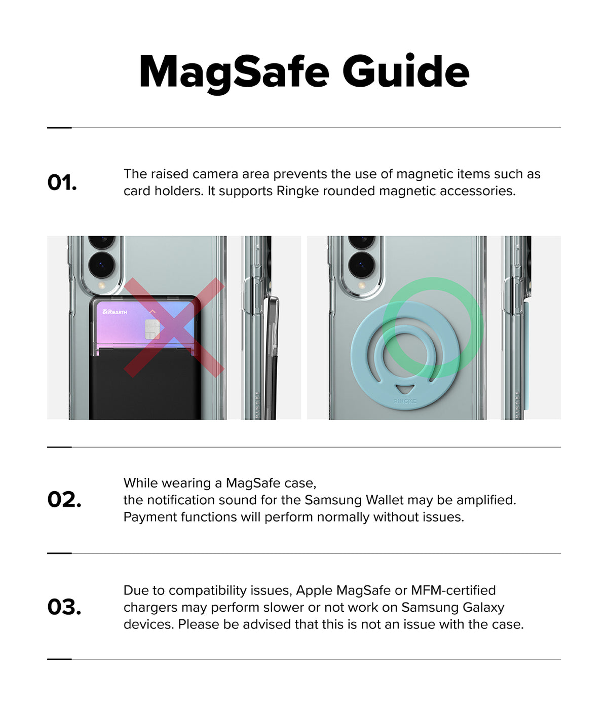 Galaxy Z Fold 8 | Fusion Air Flap Magnetic - A product information graphic titled 'MagSafe Guide' with three numbered text points and small inset photos demonstrating the MagSafe ring on a phone case.