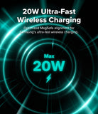 Galaxy Z Fold 8 | Fusion Air Flap Magnetic + 360° Privacy & Camera - Promotional graphic for 20W ultra-fast wireless charging, with glowing teal circular rings and text reading '20W Ultra-Fast Wireless Charging' and 'Max 20W' on a black background.