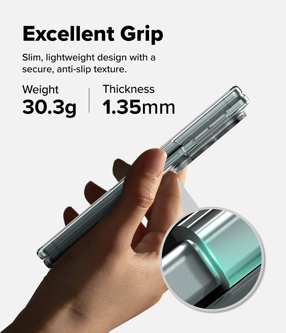 Galaxy Z Fold 8 | Fusion Air Flap Magnetic - A hand holds a slim metallic silver phone case against a light gray background, with text reading 'Excellent Grip' and product specs including weight 30.3g and thickness 1.