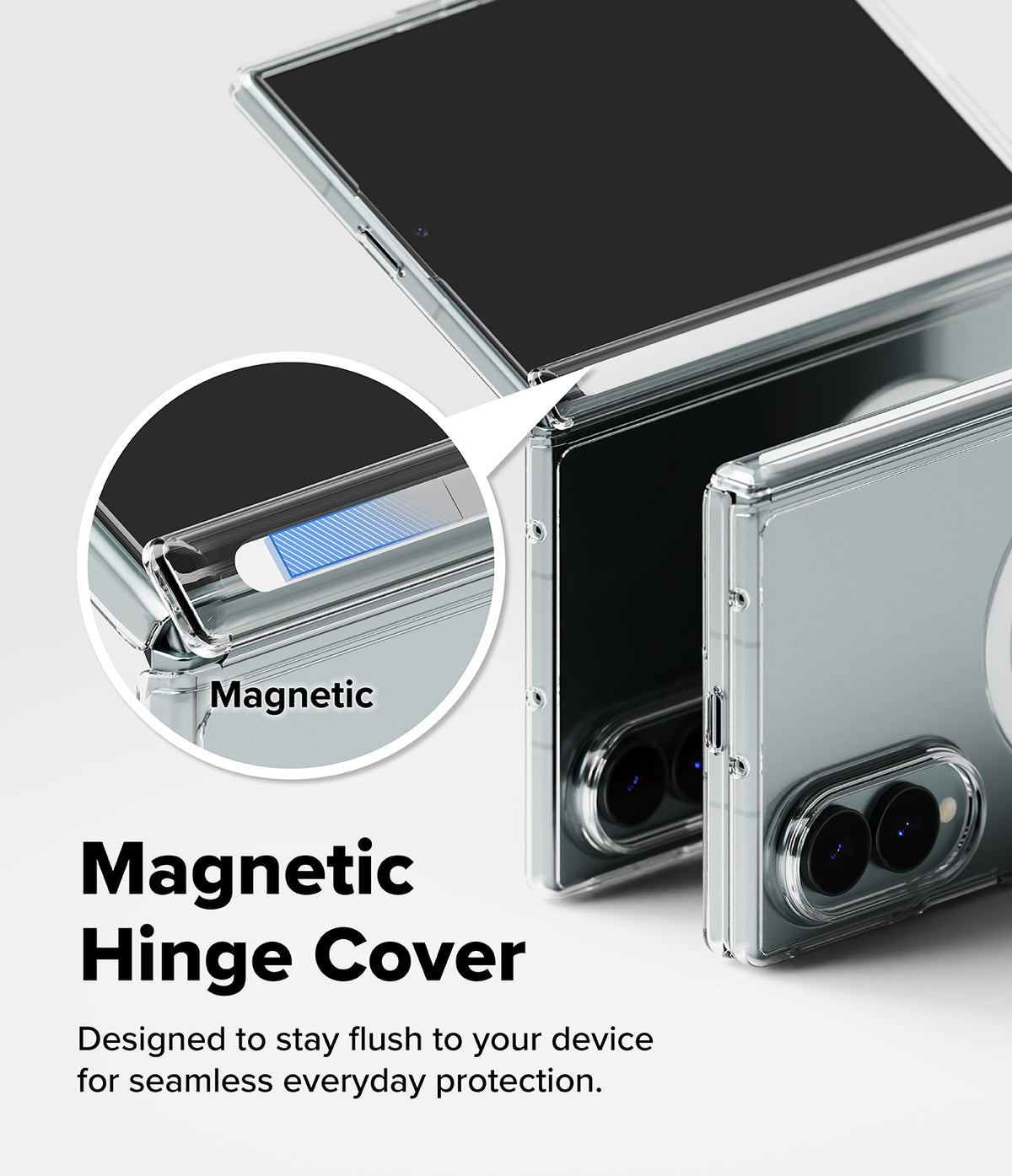 Galaxy Z Fold 8 | Fusion Air Flap Magnetic - Transparent magnetic hinge cover shown fitted around a foldable smartphone, with a circular inset highlighting the magnetic detail and text reading 'Magnetic Hinge Cover' on a light gray background.