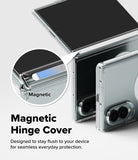 Galaxy Z Fold 8 | Fusion Air Flap Magnetic - Transparent magnetic hinge cover shown fitted around a foldable smartphone, with a circular inset highlighting the magnetic detail and text reading 'Magnetic Hinge Cover' on a light gray background.