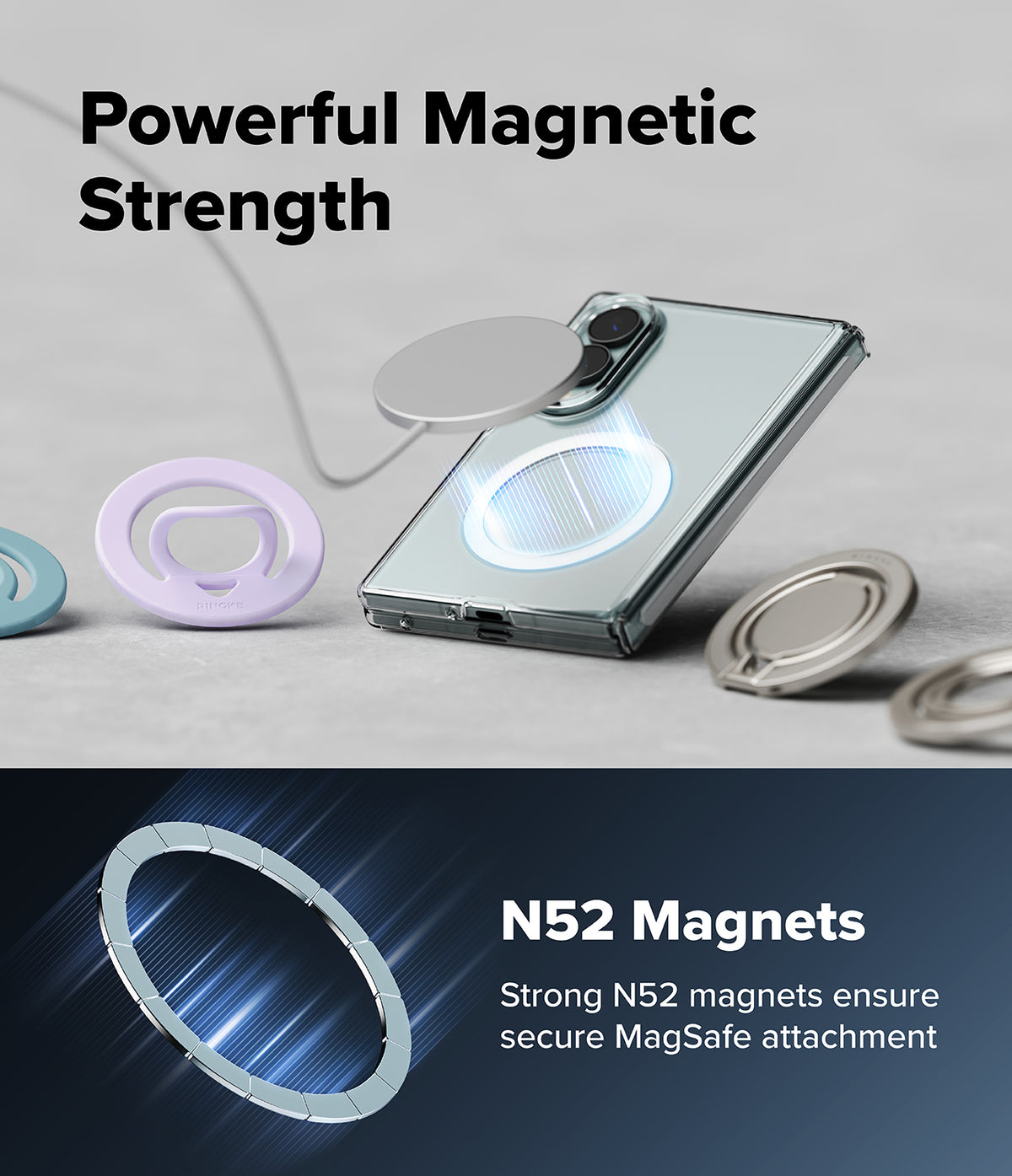 Galaxy Z Fold 8 | Fusion Air Flap Magnetic - A clear magnetic phone case with a built-in circular MagSafe ring, shown attached to a smartphone on a light gray surface. The image includes marketing text reading 'Powerful Magnetic Strength' and 'N52 Magnets Strong N52 magnets ensure secure MagSafe attachment,' plus separate views of the ring in pastel and metallic colors.