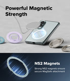 Galaxy Z Fold 8 | Fusion Air Flap Magnetic - A clear magnetic phone case with a built-in circular MagSafe ring, shown attached to a smartphone on a light gray surface. The image includes marketing text reading 'Powerful Magnetic Strength' and 'N52 Magnets Strong N52 magnets ensure secure MagSafe attachment,' plus separate views of the ring in pastel and metallic colors.