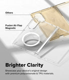 Galaxy Z Fold 8 | Fusion Air Flap Magnetic - Clear magnetic phone case with a built-in ring stand, shown on a smartphone with a gold phone case behind it. Text labels point to the clear case and mention magnetic flap and others, with the headline 'Brighter Clarity' and a note about polycarbonate and TPU materials.