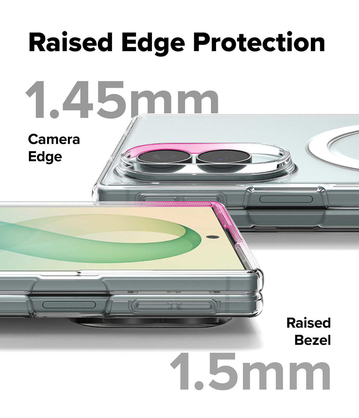 Galaxy Z Fold 8 | Fusion Air Flap Magnetic - Transparent phone case with raised edges shown on a smartphone, with text highlighting 1.45mm camera edge protection and 1.