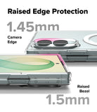 Galaxy Z Fold 8 | Fusion Air Flap Magnetic + Screen & Camera - Transparent phone case with raised edges shown on a smartphone, with text highlighting 1.45mm camera edge protection and 1.