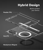 Galaxy Z Fold 8 | Fusion Air Flap Magnetic - Transparent phone case labeled 'Hybrid Design' with callouts for Flexible TPU, Hard PC, and Neodymium Magnet on a dark gray background.