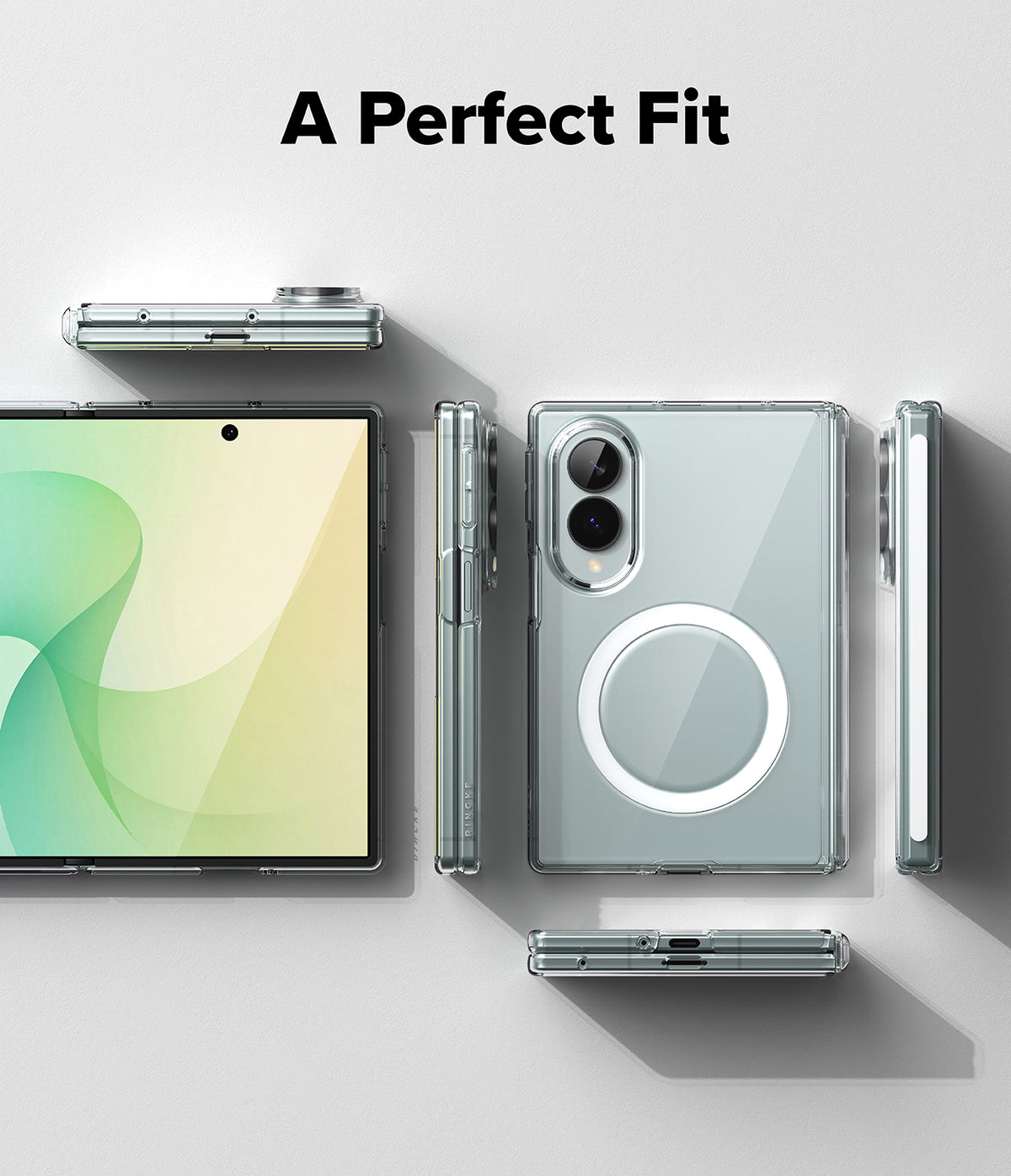 Galaxy Z Fold 8 | Fusion Air Flap Magnetic - A clear, slim protective case for a foldable smartphone, shown from multiple angles on a light gray background with the text 'A Perfect Fit' at the top. The case features a built-in circular MagSafe-style magnetic ring on the back.