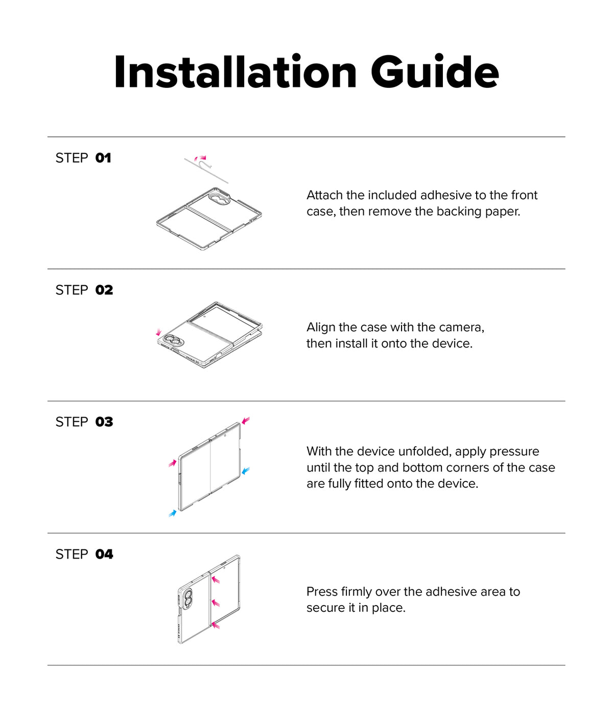 Galaxy Z Fold 8 | Fusion - Installation guide diagram showing four steps for attaching adhesive to a phone case and aligning it onto a device, with step numbers, small line drawings, and instructional text on a white background.