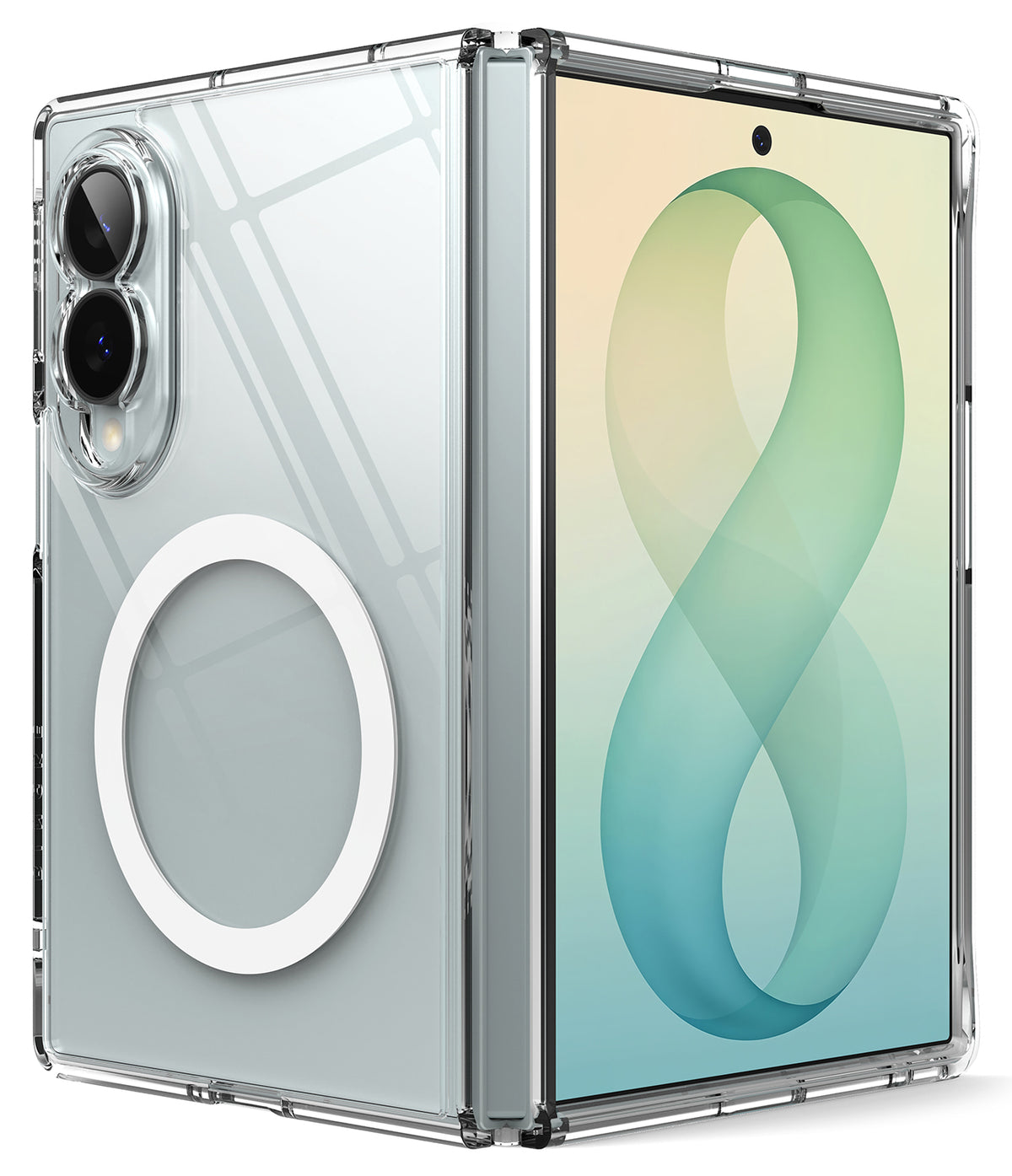 Galaxy Z Fold 8 | Fusion Magnetic - A clear protective case for a foldable smartphone, shown open with the back and front views visible. The case is transparent with a white circular magnetic ring on the back panel, and the phone screen displays a green and blue abstract wallpaper.