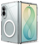 Galaxy Z Fold 8 | Fusion Magnetic - A clear protective case for a foldable smartphone, shown open with the back and front views visible. The case is transparent with a white circular magnetic ring on the back panel, and the phone screen displays a green and blue abstract wallpaper.