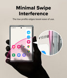 Galaxy Z Fold 8 | Fusion Magnetic - A hand holds a smartphone to demonstrate a clear, low-profile protective bumper edge. The graphic includes text reading 'Minimal Swipe Interference' and a circular inset showing the bumper's fine, low-profile design near the side of the phone.