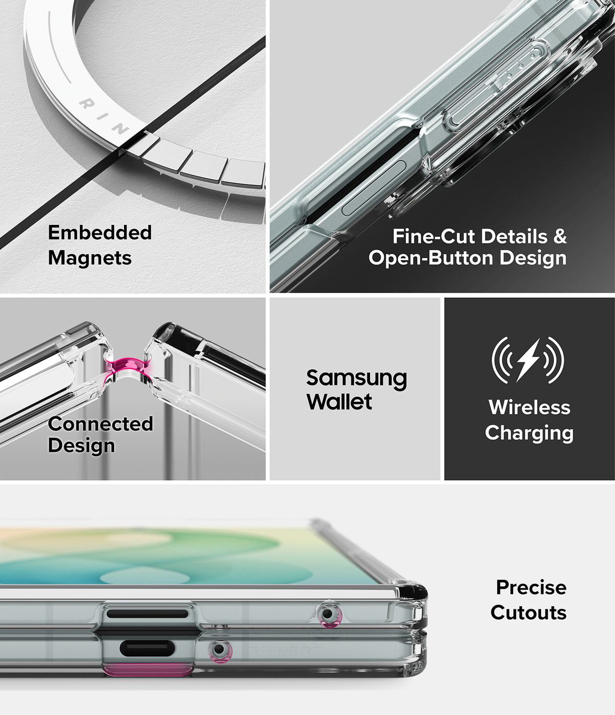 Galaxy Z Fold 8 | Fusion Magnetic - A multi-panel feature graphic for a transparent phone case. The panels show close-ups of the case with text callouts for 'Embedded Magnets,' 'Fine-Cut Details & Open-Button Design,' 'Connected Design,' 'Wireless Charging,' and 'Precise Cutouts.