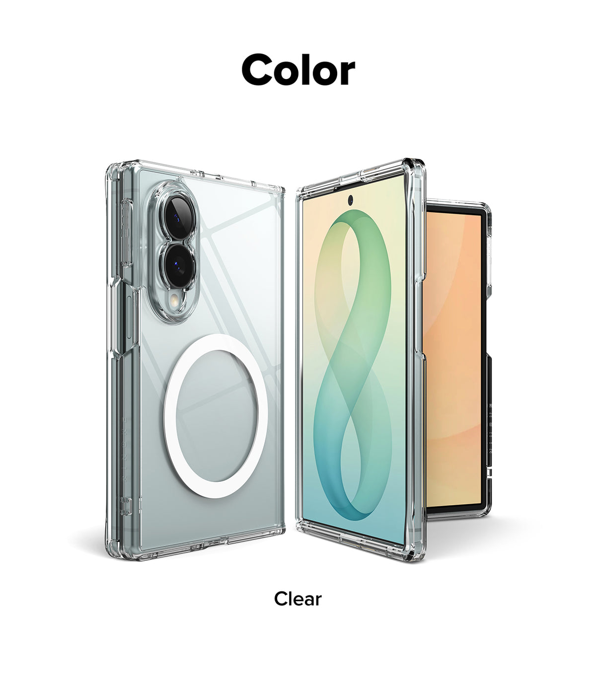 Galaxy Z Fold 8 | Fusion Magnetic - A clear smartphone case with a circular MagSafe ring on the back, shown on a phone from the back and side, with the text 'Color' and 'Clear' on a white background.