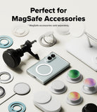 Galaxy Z Fold 8 | Fusion Magnetic - A promotional flat-lay showing a silver foldable phone with a MagSafe ring, surrounded by various white and colored MagSafe accessories including rings, a mount, and pop sockets. Text at the top reads 'Perfect for MagSafe Accessories' with a note that MagSafe accessories are sold separately.