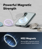 Galaxy Z Fold 8 | Fusion Magnetic - A clear magnetic phone case with a circular MagSafe ring, shown with a smartphone and several colorful ring attachments on a light gray surface. Text reads 'Powerful Magnetic Strength' and 'N52 Magnets Strong N52 magnets ensure secure MagSafe attachment.