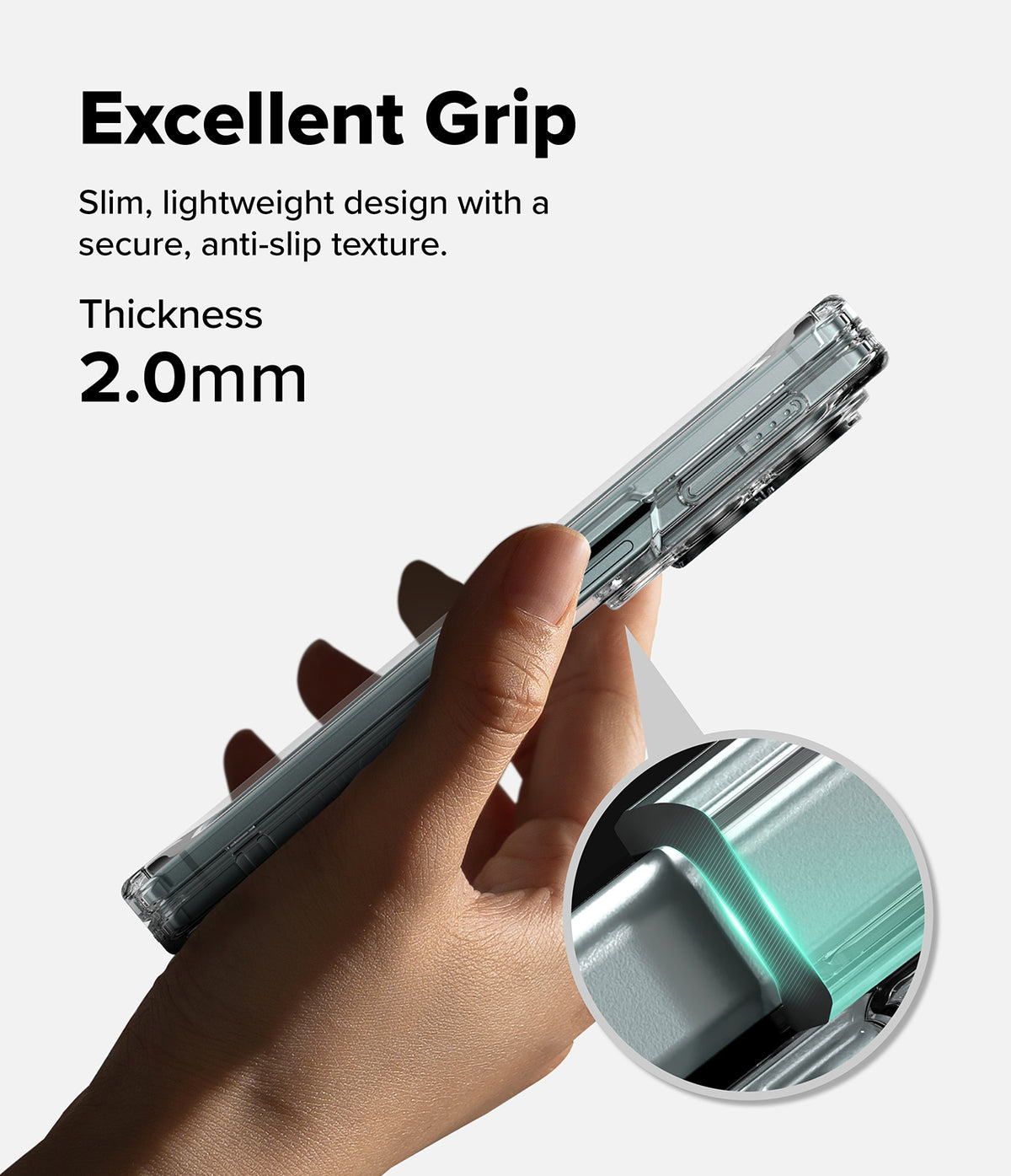 Galaxy Z Fold 8 | Fusion Magnetic - A hand holds a slim transparent phone case against a light gray background, with text reading 'Excellent Grip' and 'Thickness 2.0mm,' plus a circular inset showing the case edge detail.