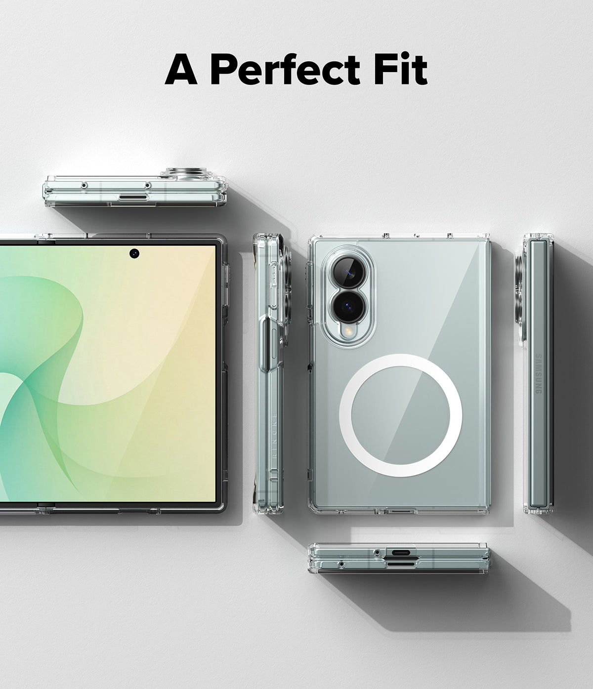 Galaxy Z Fold 8 | Fusion Magnetic - A clear protective case for a foldable smartphone shown from multiple angles on a light gray background, with the text 'A Perfect Fit' at the top. The case is transparent and highlights the phone's edges and camera cutouts, including a MagSafe-compatible circular magnetic ring on the back.