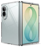 Galaxy Z Fold 8 | Fusion - A clear protective case around a silver foldable smartphone, shown partially open with the back panel visible on the left and the screen on the right displaying a green and blue abstract wallpaper.
